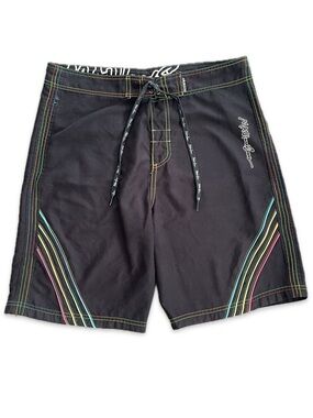 Maui & Sons Black Neon Stitch Boardshorts Swim Trunks 34